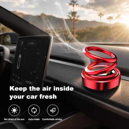 Solar Rotating Car Air Freshener, Solar-Powered Double Ring Auto Dashboard Aromatherapy Ornament, Refillable Rotating Aromatherapy Diffuser Dashboard Decor for Most Vehicles (Red)