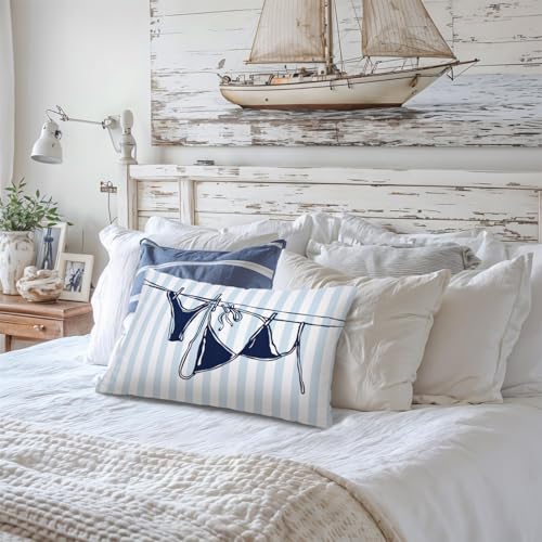 Lacama Blue Coastal Room Decor, Coastal Throw Pillow Cover 12x20, Blue Dorm Decor, Preppy Bikini Prints Decorative Throw Pillow Covers Pillowcases for Couch Bed Girly Room Bedroom Dorm - color: Coast-bikini-blue-vertical Stripes