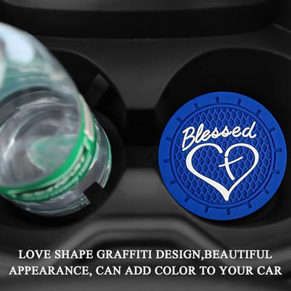 KVAEY 2 PCS Car Cup Holder Coasters, 2.76 Inch Anti Slip Vehicle Drink Mats with Cute Blessed Cross and Heart, Shockproof, Universal Car Accessories (Blue, 2 PCS) - color: Blue, size: 2 PCS