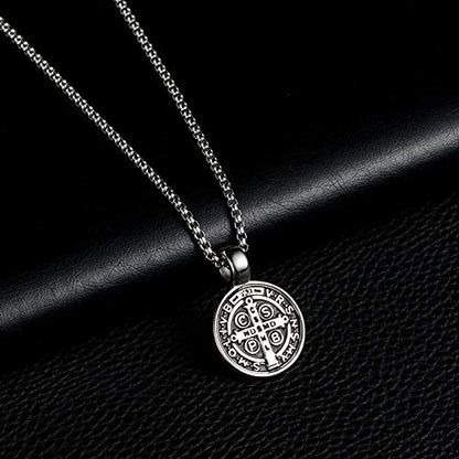 St Benedict Exorcism Medal Necklace for Men Catholic Cross Pendant - color: White
