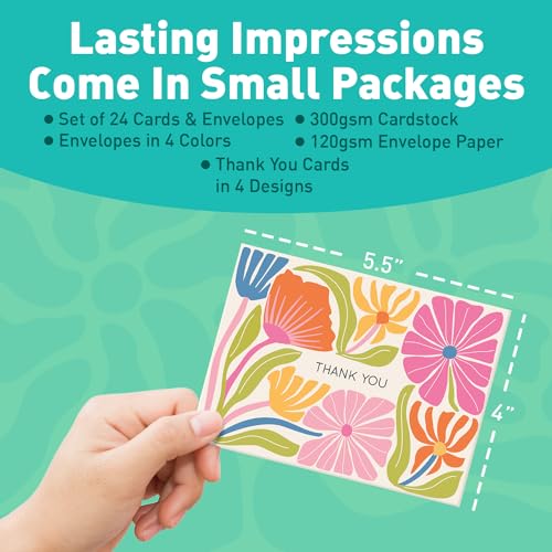S&O Thank You Cards with Envelopes - Blank Stylish papers for Handwritten Messages -Set of 24 decor sheets and Envelopes - Assorted cute Cards with Stylish Color covers to Mix & Match