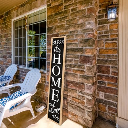 Welcome Sign for Front Door, Wood Black, 45"X9" - color: Bless this Home And All Who Enter(Wood Black)