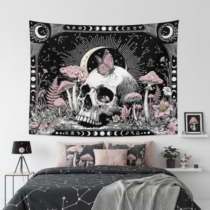 Accnicc Gothic Skull Butterfly Mushroom Tapestry 90 x 68 Inch - color: Pink White, size: 90"L x 68"W