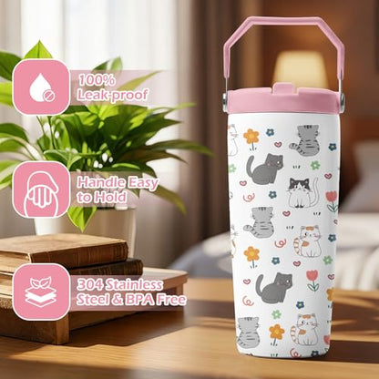 Hiboss Cat Tumbler with Handle and Flip Straw 28oz, Insulated Stainless Steel Cute Cats Travel Cup Mug, Christmas Birthday Gifts for Cat Lovers Kids Girls Teens Women - color: Cat