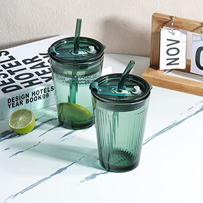 Joeyan Glass Tumbler with Straw and Lid,Green Glasses Water Cup with Straw - color: Green-1