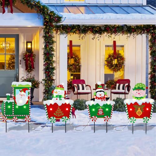 Afirst 4PCS Christmas Yard Stakes Light Up Train Garden Decorations - color: Train