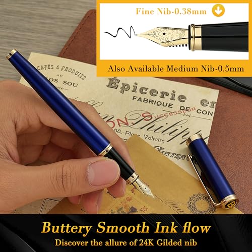 BEILUNER Blue Personalized Fountain Pen,Stunning Luxury Lacquer,24K Gilded Nib(Fine),Gorgeous 24K Gold Finish, Ink Converter,Fancy Gift for Men&Women-Elegant, Graduation,Nice Pens for Writing - color: ,Blue with Gold (Personalized), style: Fine Nib