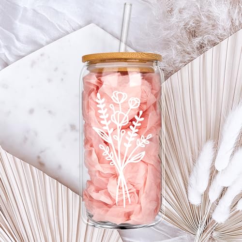 Cute Glass Cups with Lids and Straws, Aesthetic Iced Coffee Cup, Flower Mugs, Personalized Tumbler with Straw, Birthday Gifts for Women Friend Sister Her Coffee Lover Bridesmaid Stuff Christmas