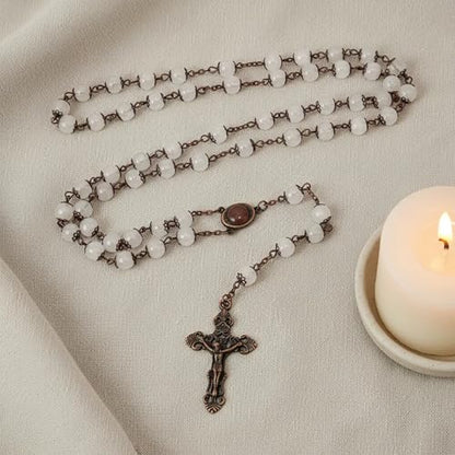 Nazareth Store Natural Stone Beads 8mm Rosary Necklace Antique Copper Design Holy Soil Medal & Cross in Velvet Bag - Catholic Rosaries Terra Santa Jerusalem Collection - color: Clear Agate