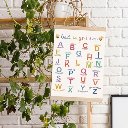 DNEULYR God Says I am Alphabet Christian Wall Art Poster for Kids, Bible Verse Affirmations Poster Hanger Frame for Nursery Toddler Kids Room Playroom Classroom Sunday School, 12x16 Inches - color: color24