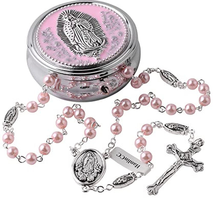 HanlinCC Guadalupe Catholic Rosary Glass Pearl Beads Necklace with Gift Box - color: Guadalupe Rosary Pink