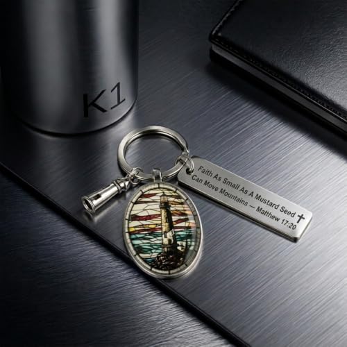 3D Glass Lighthouse Keychain with Bible Verses,Christian Gifts for Women Faith - color: Matthew 17:20