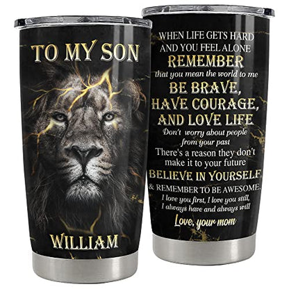 SANDJEST Personalized Son Gifts Tumbler Lion 20oz 30oz Tumblers with Lid Gift for Son Christmas Birthday - color: Son