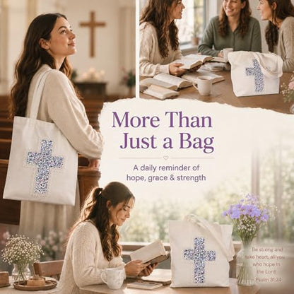 Christian Tote Bag Gift for Women, Canvas Bible Bag Handmade Floral Cross - color: White-lavender Field Floral