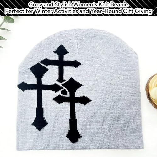 Fashion Knit Beanie with Cross Pattern Y2K Unisex Soft Jacquard Cap Popular Hip-Hop Cool Street Outdoor Sports Earflap Hat - color: White