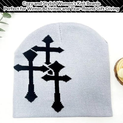 Fashion Knit Beanie with Cross Pattern Y2K Unisex Soft Jacquard Cap Popular Hip-Hop Cool Street Outdoor Sports Earflap Hat - color: White