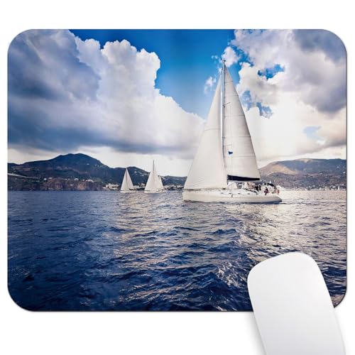 Nautical Sailing Boat and Sails on Sea Waves Cloudy Sky Adventure Photo Print Mouse Pad - color: Ocean Blue