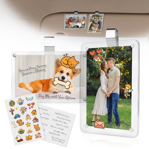 2Pcs Car Picture Holder for Sun Visor,Clear Acrylic & Strong Magnetic Car Visor Photo Clip with Safe Driving &Guardian Icons Stickers, Cute Car Accessories,Gift for Family & Friends (2.4x3.5) - size: 2.4x3.5