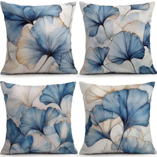 Blue Gold Ginkgo Pillow Covers Set of 4, 18x18 Watercolor Farmhouse Decor - color: Botanical Leaves 05, size: 18" x 18" (Pack of 4)