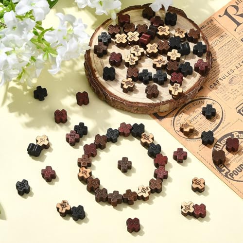 DanLingJewelry 80Pcs 4 Styles Wood Cross Shaped Beads Mini Wooden Crucifix Cross Spacer Beads for Rosary Jewelry Making DIY Crafts