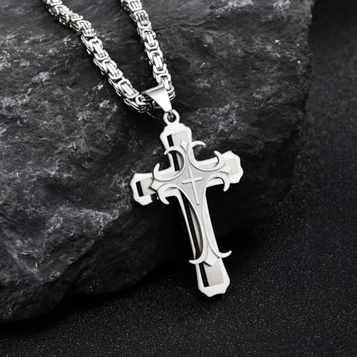 MEALGUET Stainless Steel Crucifix Cross Pendant Necklace,Men's Cross Necklace with Chunky Byzantine Chain/Rolo Chain, Gift for Men - style: Silver-byzantine chain