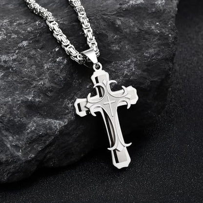 MEALGUET Stainless Steel Crucifix Cross Pendant Necklace,Men's Cross Necklace with Chunky Byzantine Chain/Rolo Chain, Gift for Men - style: Silver-byzantine chain