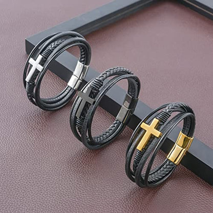 Fahonie Cross Leather Bracelet for Men Women 316L Stainless Steel with 18K Gold Plated Christ Jesus Multi-layer Handmade Christian Bracelet,7.5/8/9 Inches - color: Black