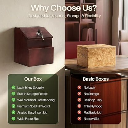 Flexzion Wooden Suggestion Box with Lock and Slot, Lockable Ballot Box