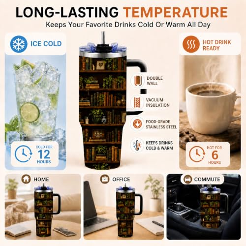 Tumbler 40oz with Straw and Lid – Insulated Water Bottle for Women, Stainless Steel Cup Keeps Cold 12 Hours/Hot 6 Hours, Large Mug for Office Gym (Book5) - color: Book5