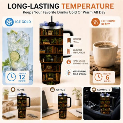 Tumbler 40oz with Straw and Lid – Insulated Water Bottle for Women, Stainless Steel Cup Keeps Cold 12 Hours/Hot 6 Hours, Large Mug for Office Gym (Book5) - color: Book5