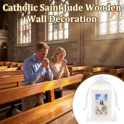 12 Pcs Catholic Saint Jude Wooden Picture Frames with Gift Bags, Baptism Favors for Christening Memorial, Catholic Gifts, First Communion (Rectangle)