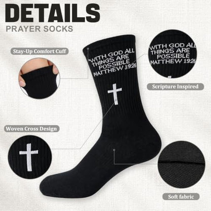 3 Pairs Christian Socks,Novelty Christian Easter Basket Stuffing - color: Matthew 19:26 - Black