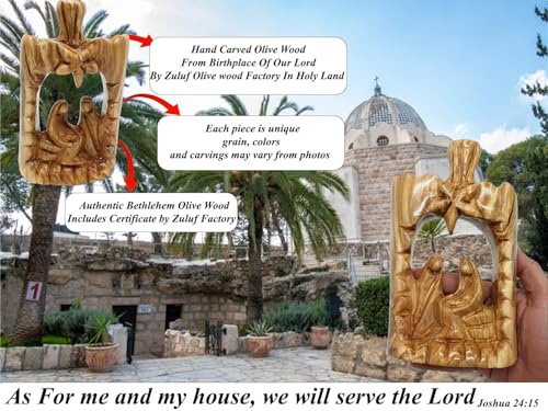 Zuluf Olive Wood Nativity Scene 6.5" - Large Abstract Hand Carved Holy Family with Bethlehem Star Christmas Decor HOF056