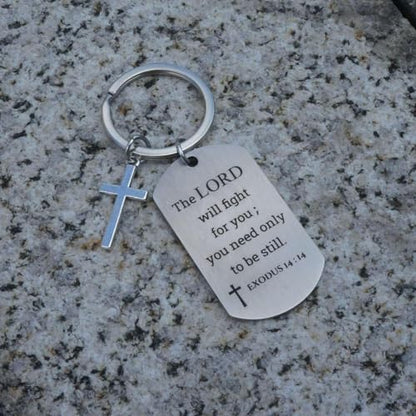 Inspirational Scripture Keychain with Cross - Bible Verse Matte Key Chain Religious Gift for Christian - style: Exodus 14:14
