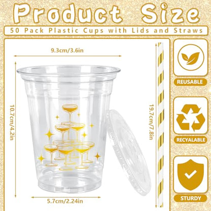 JarThenaAMCS 50Pcs Wedding Plastic Cups with Lids Gold Foil Straws Cheers Coffee Drinking Cup 12oz Gold Goblet Bachelorette Party Disposable Cups for Bridal Shower Bride Shower Anniversary