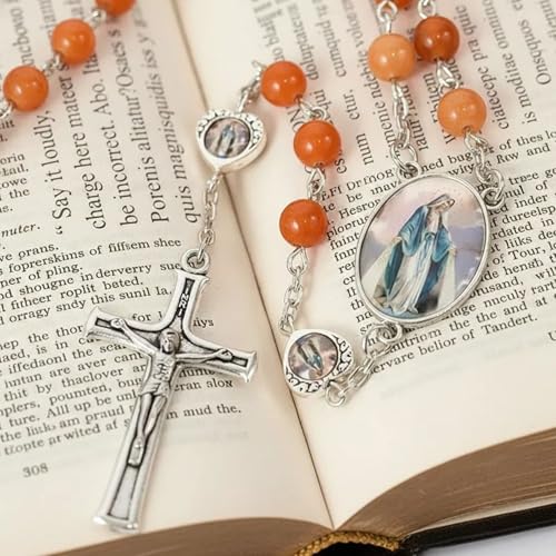 Nazareth Store Natural Stone Beads with Miraculous Epoxy Heart Metal Beads Rosary Necklace Gemstone Christian Gifts - color: Red Aventurine