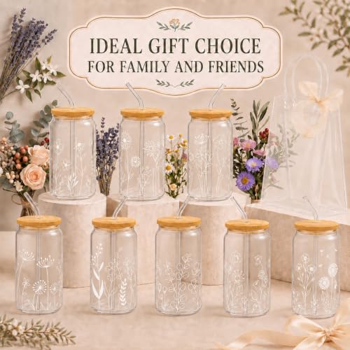 Iced Coffee Mugs, 8 Sets, Glass, 16 oz, Reusable, Floral White - color: White Floral