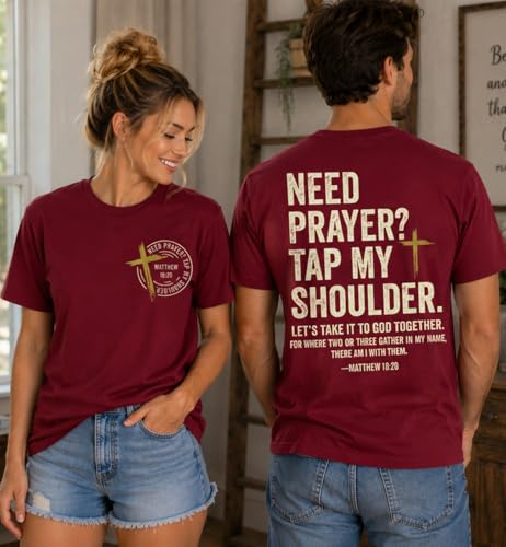 Christian Shirts for Men Women Need Prayer Tap My Shoulder Shirt Christian Religious Faith Bible Verse Cross Shirt - color: Claret, size: Small