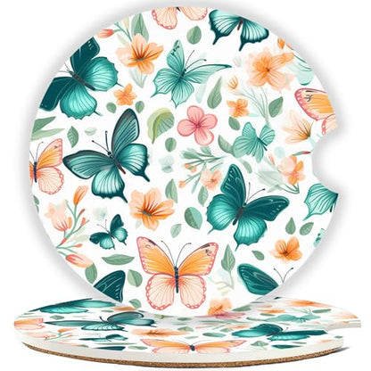 Ceramic Car Cup Holder Coasters Set of 2, 2.56 in Butterfly - color: Colorful Butterfly