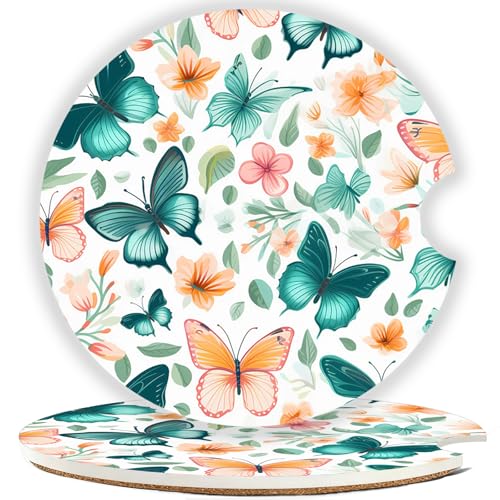 Ceramic Car Cup Holder Coasters Set of 2, 2.56 in Butterfly - color: Colorful Butterfly