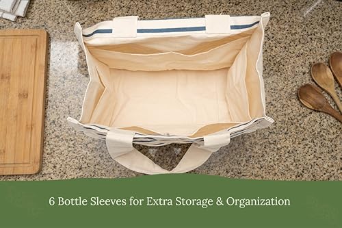 Best Canvas Grocery Shopping Bags - Cloth Grocery Tote Bags - Reusable Cotton Grocery Tote Bags with Bottle Sleeves - color: Blue Stripes
