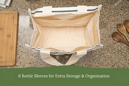 Best Canvas Grocery Shopping Bags - Cloth Grocery Tote Bags - Reusable Cotton Grocery Tote Bags with Bottle Sleeves - color: Blue Stripes