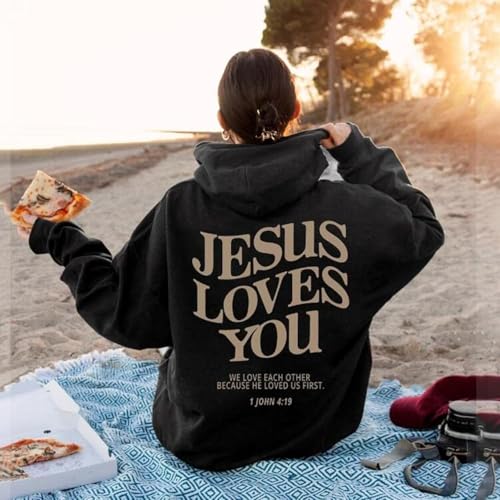 New Jesus Loves You Hoodie Christian Faith Over Fear Hoodie Faith Sweatshirt Christian Religious Sayings Sweater - color: Black, size: X-Large