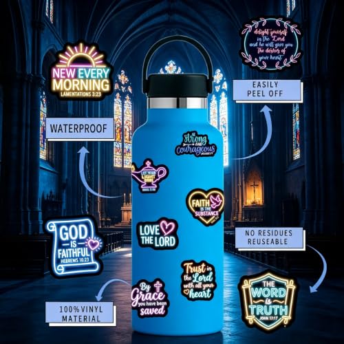 230PCS Neon Christian Bible Stickers, Inspirational Religious Jesus Faith Vinyl Bible Stickers, Waterproof Scripture Decals for Laptop Water Bottle Journal Scrapbook, Christian Gifts for Teens