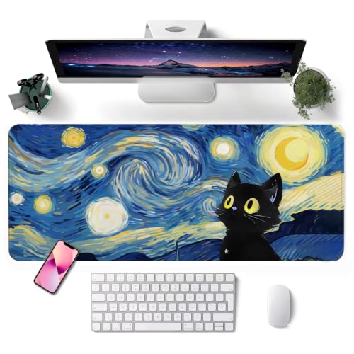 Mouse Pad, Desk Mat, 31.5x11.8in Large Mousepad - color: Blue Starry Sky Cat