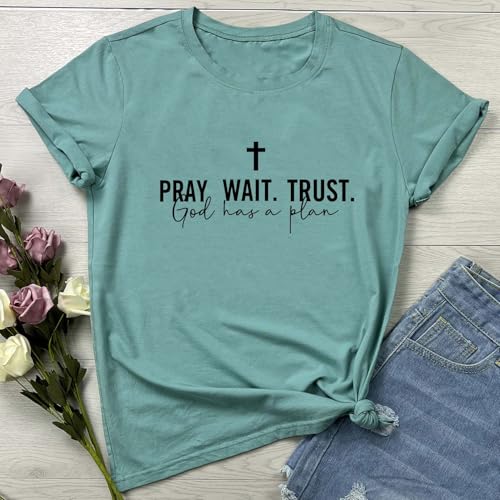 LOOKFACE Women Pray Wait Trust Soft Tees Cute Graphic T Shirts - color: Light Green, size: X-Large