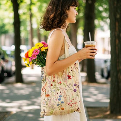 Aesthetics Canvas Tote Bag - Art Design Gift for Women, Reusable Purse Tote Bag with Inner Zip Pocket - style: Wildflower