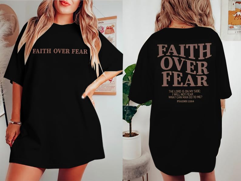BANGELY Faith Over Fear Shirt Women Graphic Shirts Oversized Workout Gym Christian Religious Tees Drop Shoulder Tee Tops - color: Black, size: Large