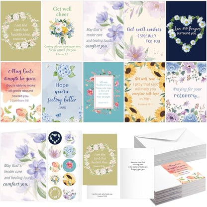 50 Christian Get Well Cards Bulk, 4 x 6 Inch Floral Christian Sympathy Card - style: Watercolor Floral