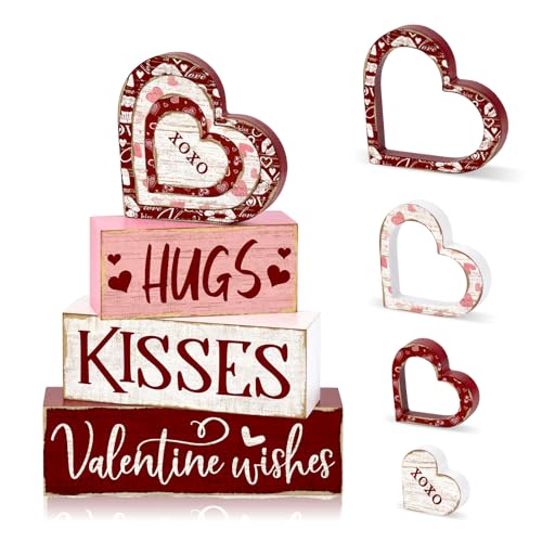 Britimes Tiered Tray Decor Set, 4 Pack, Wooden Table Sign, Red Valentine - style: Hug Kisses
